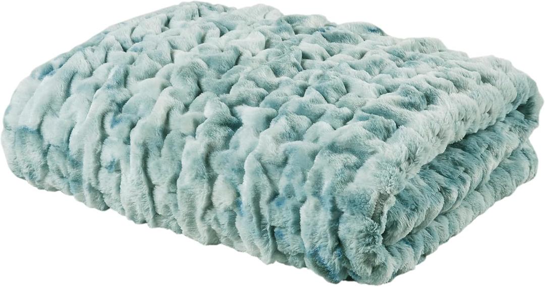 Madison Park Faux Fur Throw, Luxurious Ruched Texture, Fuzzy Warm, Plush Mink-Like Reverse, All Season, Lightweight & Cozy Blanket-Throw for Sofa, Couch, Living Room & Office 50" x 60" Blue Tie Dye