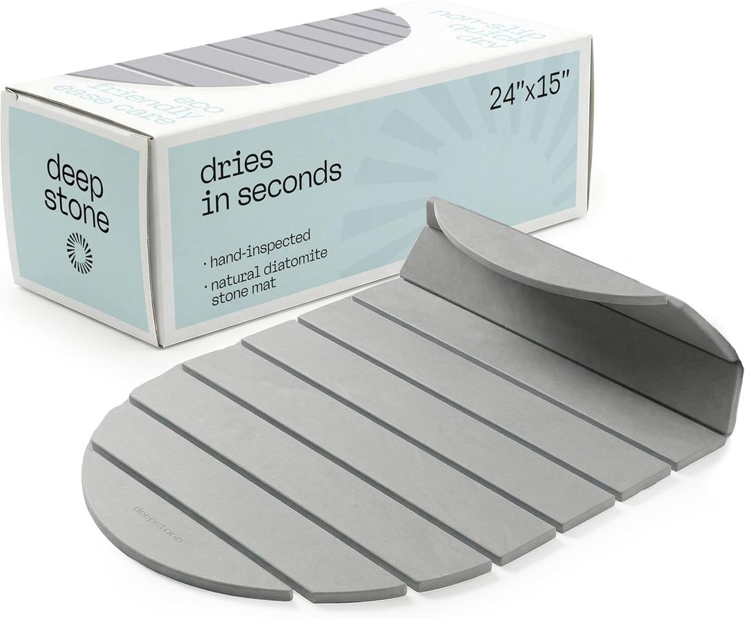 Deepstone Foldable Stone Bath Mat – Large Diatomaceous Earth Mat, Quick Dry with NonSlip Base, Water Absorbing Bathroom and Shower Stone Mat, Easy to Clean (24” x 15”), White