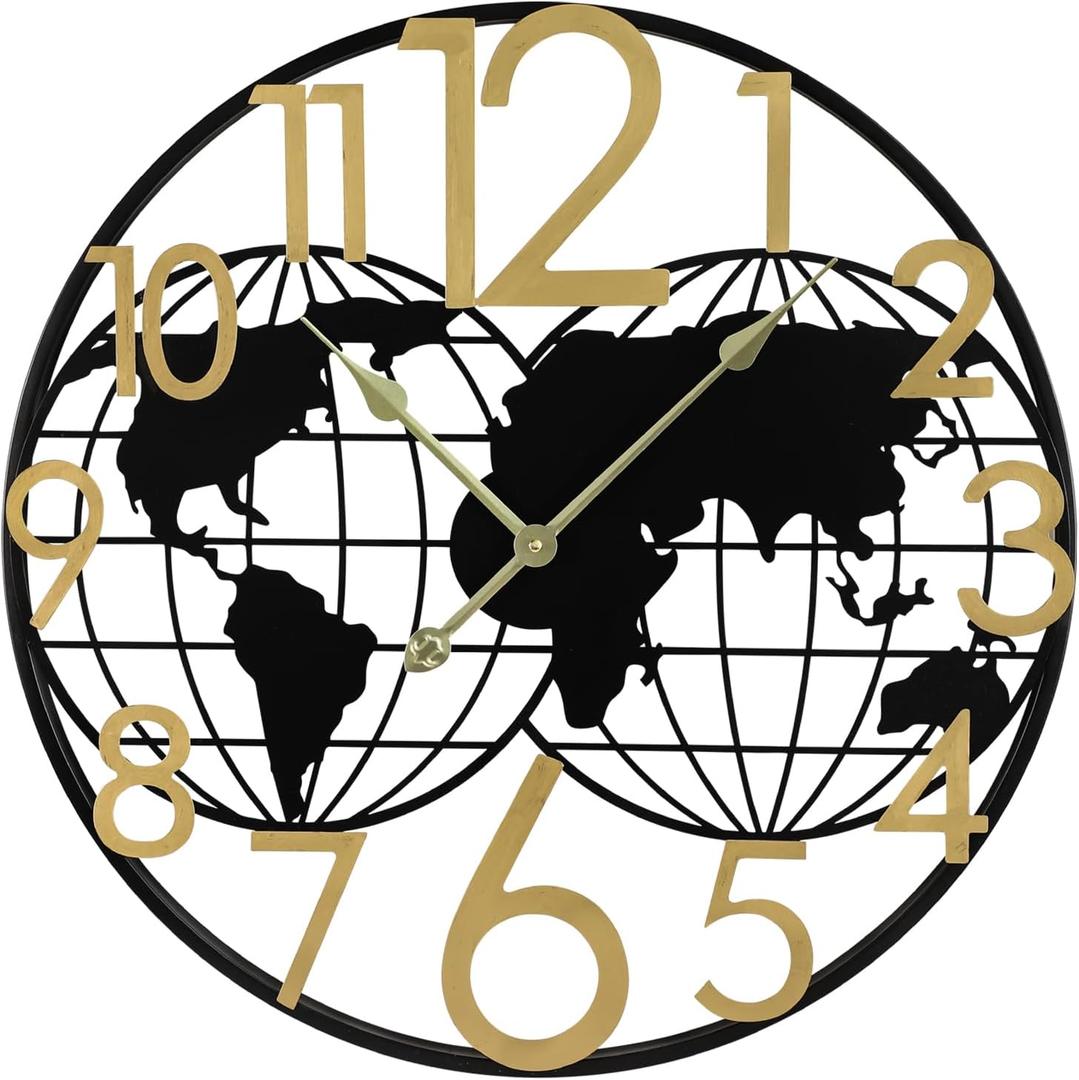 Large World Map Wall Clock, 24 Inch Metal Modern Wall Clock, Golden Big Numerals Battery Operated Vintage Industrial Farmhouse Wall Clocks for Living Room Bedroom Kitchen Home Decor