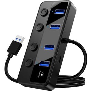 Qeefun 4-Port USB 3.0 Hub, Individual LED Power Switches, 5Gbps Data Transfer USB Splitter with 2ft Extension Cable, Multiple USB Extender for Laptop, PC, iMac, USB Flash Drives and More