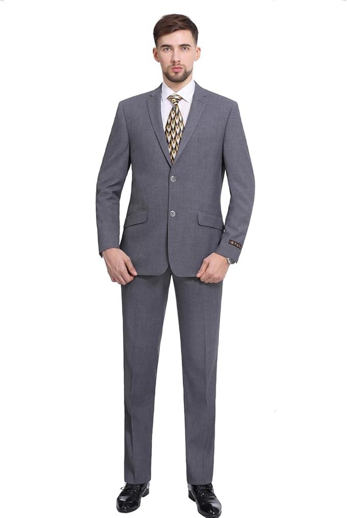 P&L Men's Premium Slim Fit 2-Piece Business Wedding Prom Suit Jacket Blazer Tux & Flat Pants Set, 46R, Grey 