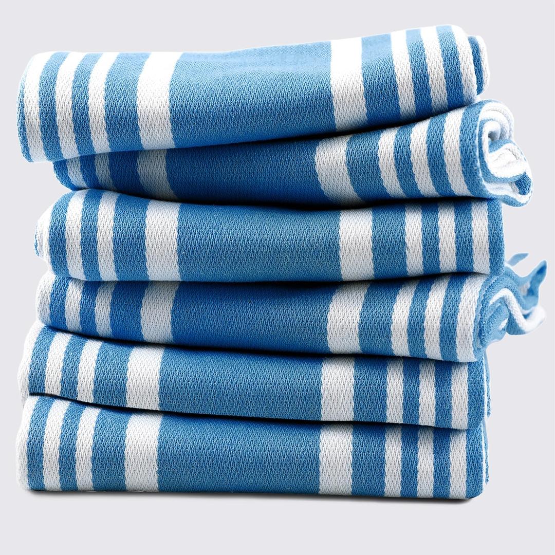 TEXAS LINEN CO. American Stripe Kitchen Towels 100% Cotton Pack of 6, Highly Absorbent Quick Drying, Soft Dish Towels 20x30 Inch for Kitchen w Hanging Loop, Hand & Tea Towel - Turquoise Blue & White