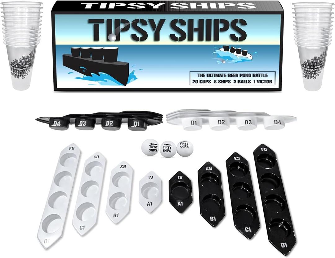 Tipsy Ships Battle Pong Party Game - 22 Plastic Cups, 8 Ship Trays, 3 Ping Pong Balls Included. Battle on Any Table! (Tipsy Ships Battle Set (with Cups))
