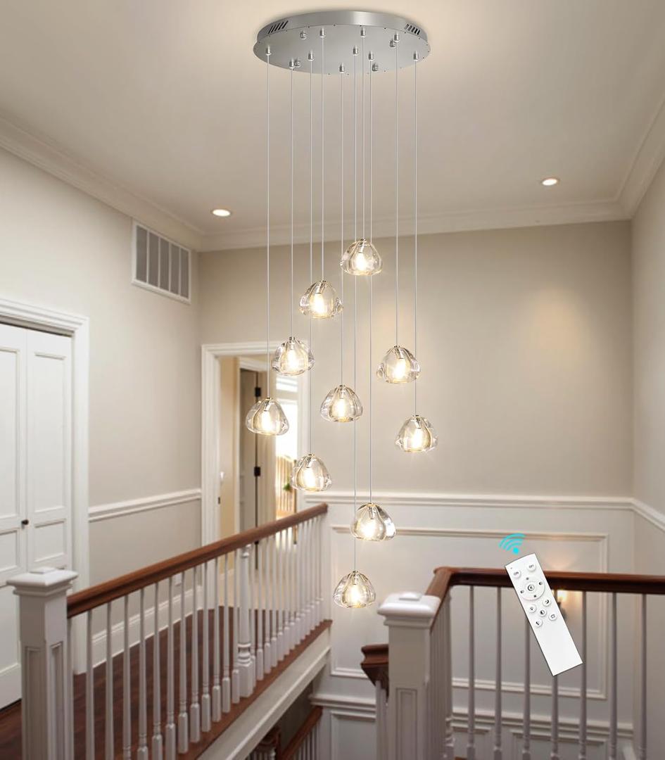 Glam Chandelier with LED Dimmable Bulbs Bubble Crystal Balls Glam Chandeliers High Ceiling Pendants Light Fixtures Adjustable Long Lights Brushed Nickel