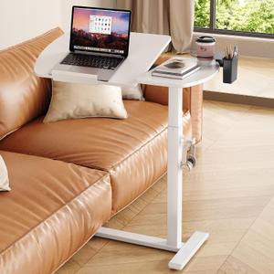 Overbed Table with Wheels, Pneumatic Lift and Tilting Top (White), 27.48 inches x 14.17 inches x 41.06 inches