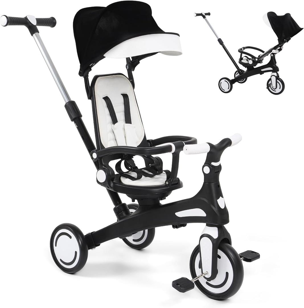 Toddler Bike, Tricycle for Toddlers 1-3, 6 in 1 Kids Baby Trike with Adjustable Push Handle and Canopy, Rotatable Seat, Safety Harness, Storage, Toddler Stroller Bike for 10 Months+, Black