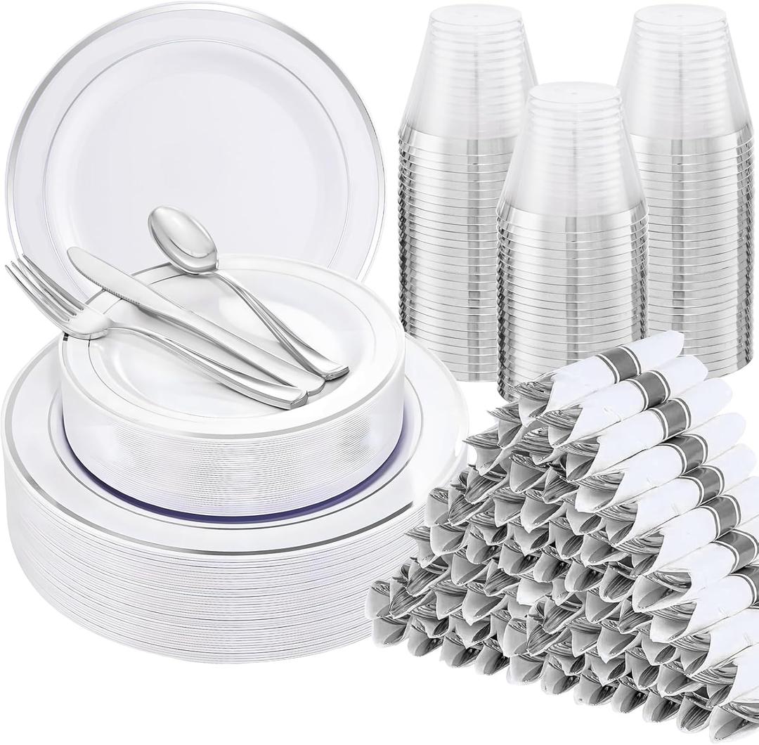 WELLIFE 700 Pcs Silver Plastic Plates for 100 Guests -Party Supplies Includes 200 Silver Plates,300 Plastic Silverware,100 Napkins,100 Cups for Party and Wedding