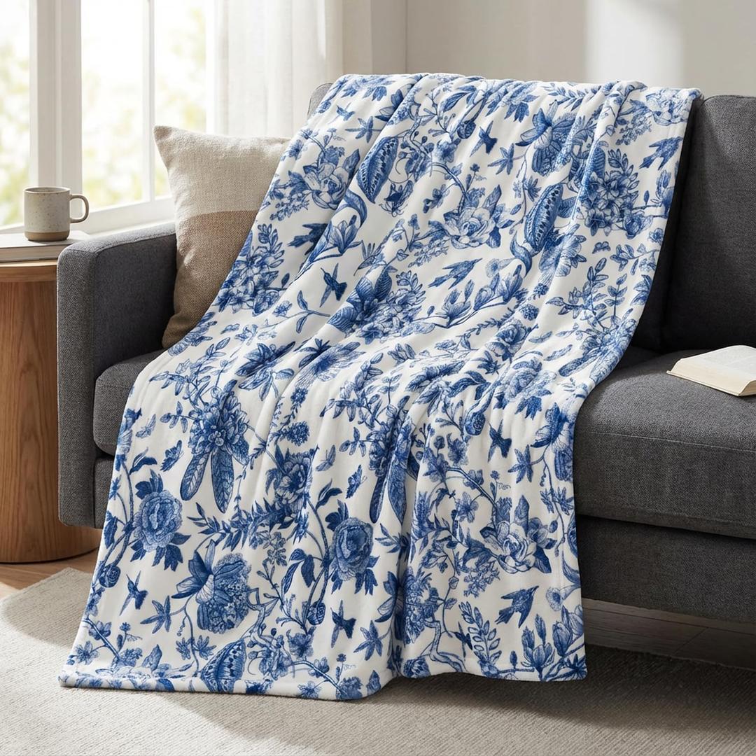 Horaldaily Spring Summer Flannel Blanket Throw, Blue Hand-Drawn Flowers Soft Fuzzy Plush Cozy Fleece Blankets for Couch Sofa Bed Lounging, Ideal Gifts for Kids Adults Self, 60x80
