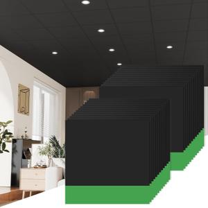 24 PCS 24" x 24" Black Drop Ceiling Tiles, 2ft x 2ft PVC Smooth Ceiling Panels - Waterproof, Fire-Rated to Prevent Breakage - Cover 96 Sq.Ft