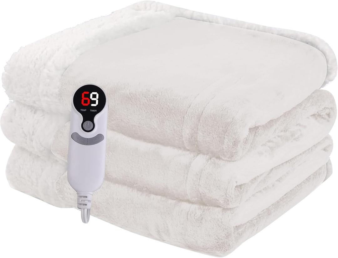 Heated Blanket Electric Blanket Full Size 72''x84'' with 9 Heating Levels, 1-10 Hour Auto Shut Off, Machine Washable, Flannel & Sherpa Soft Warming Blanket for Couch, Bed, Office - White