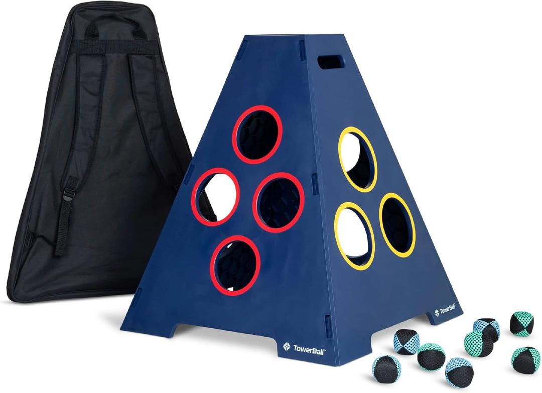Caliber Games TowerBall Bundle - Backyard, Lawn, Beach & Tailgate Game - Great for All Ages & Group Sizes - Includes Collapsible Tower, 8 Balls (4 Green and 4 Blue), and a Premium Backpack