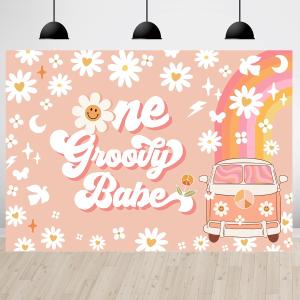 One Groovy Happy Birthday Backdrop for Girls Retro Boho 1st Birthday Party Photo Background Girl Daisy Floral Happy 1st Birthday Newborn Baby Party Decorations Cake Table Banner 7x5ft