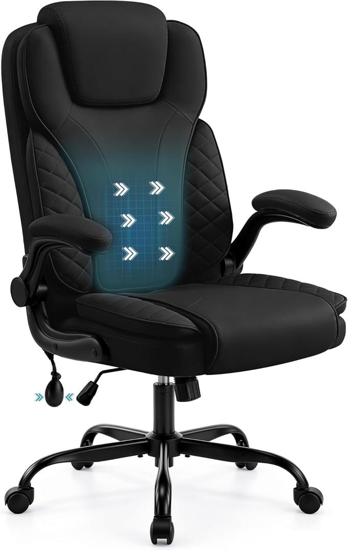 Ergonomic Office Chair, PU Leather High Back Executive Chair with Adjustable Inflatable Lumbar Support and Padded Flip-Up Arms, Recline Swivel Task Computer Chair for Home Office, Black