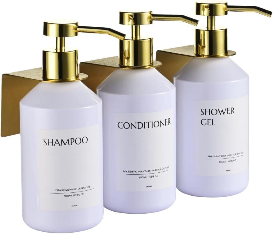 Shampoo and Conditioner Dispenser Set of 3 for Wall Mount,16.9 fl oz Drill Free Shower Soap Bottles with Labels,Refillable Body Wash Dispensers for Bathroom Decor (White Bottles + Gold Pumps)