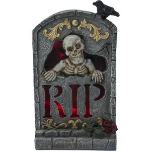 Halloween Decoration Indoor 7.6 Tombstone Statue with LED Lights Spooky Skull Head Gravestone Skeleton RIP Lighting Changes Halloween Village for Table Shelf Home Party Outdoor Decor Gifts (Gray)