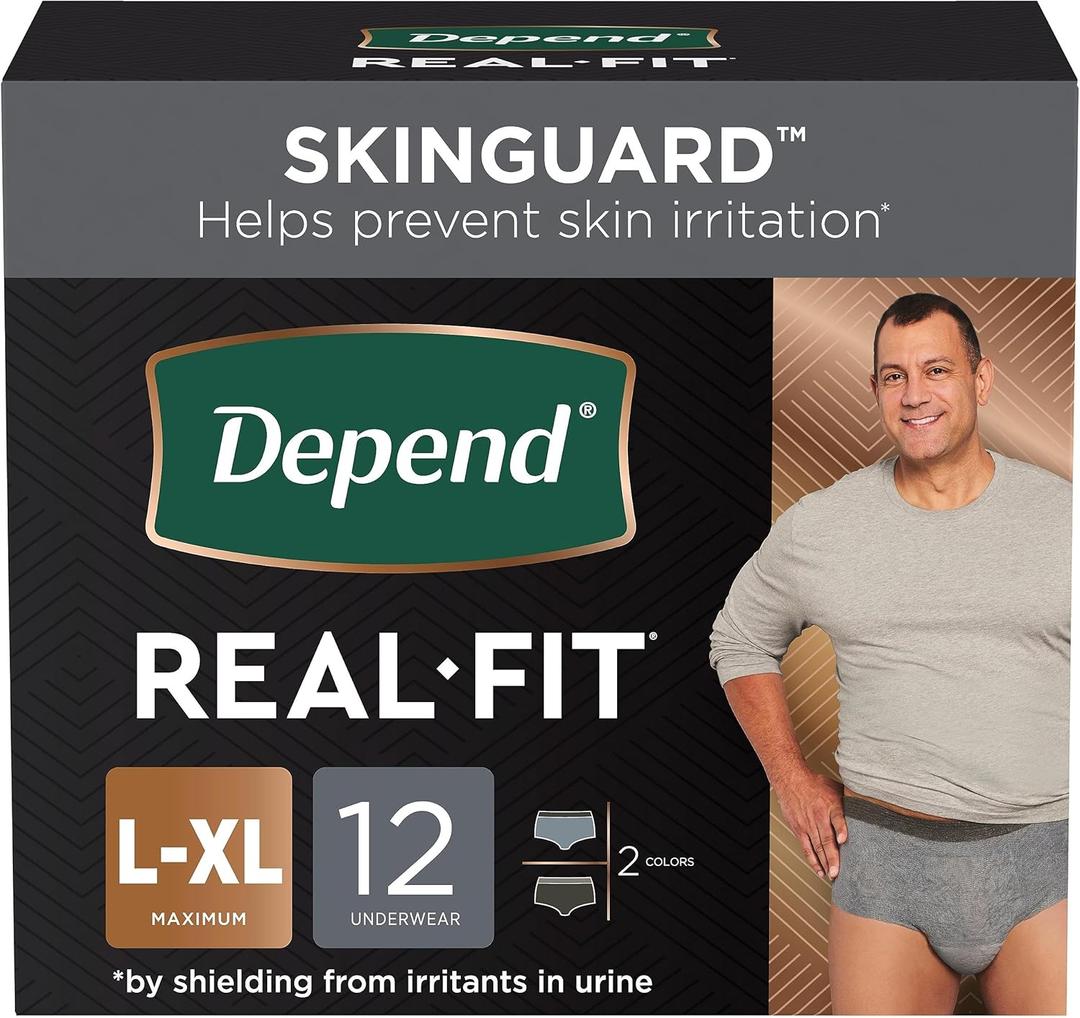 Depend Real Fit Incontinence Underwear for Men with Maximum Absorbency, Large/X-Large, 12 Count (Black / Grey)