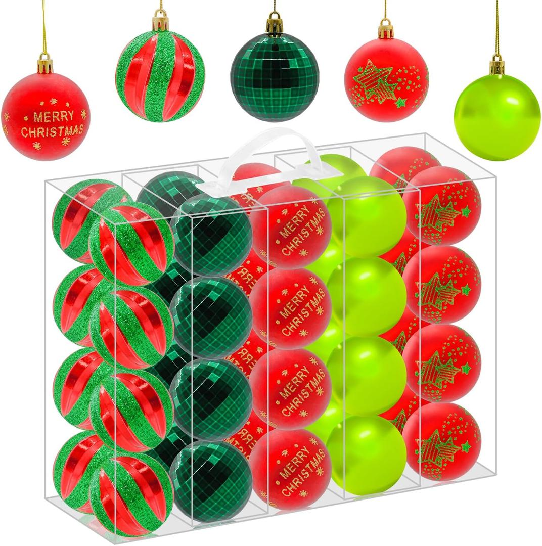 2 x 40PCS 2.36" Christmas Balls Ornaments, Plastic Christmas Tree Ornaments, Holiday Baubles, Hanging Decorations for Xmas Trees Holiday Party, Red Green Baubles