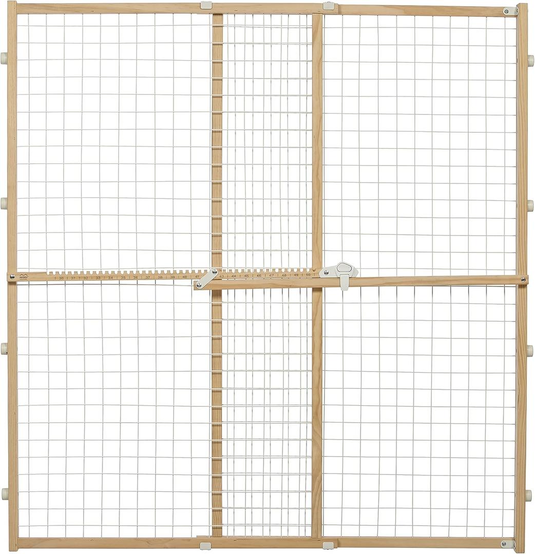 MidWest Homes for Pets Wire Mesh Pet Safety Gate, Pressure Mounted Dog Gate Measures 44 Inches Tall & Expands to 29-50 Inches Wide, Natural Wood & White Powder Coated Wire Mesh (Large)