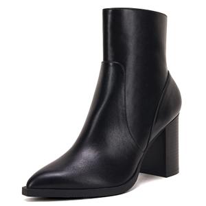 LAICIGO Women's Pointed Toe Ankle Boots Chunky Stacked Heel Side Zipper Faux Leather Ankle Booties, Black, Size 8
