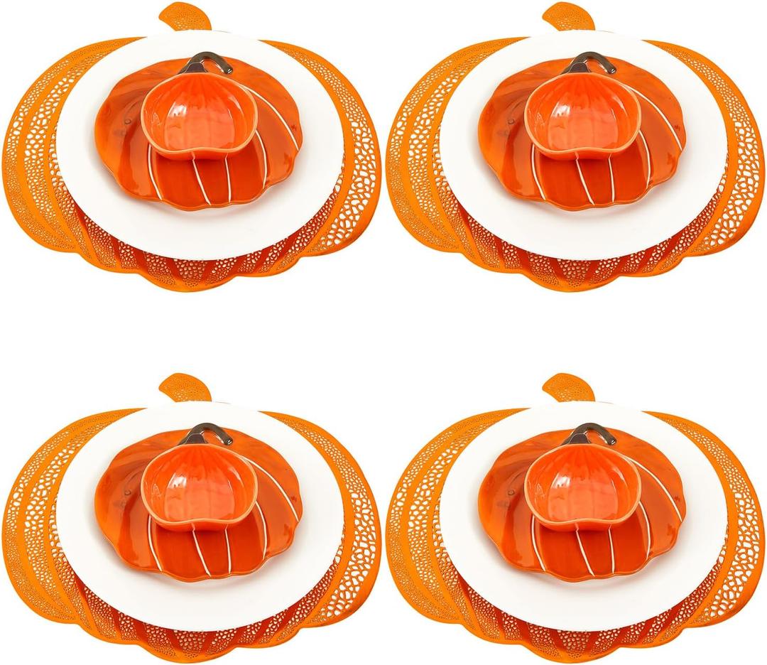 Jinei 16 Pcs Thanksgiving Tableware Set Include Ceramic Large Pumpkin Shaped Plates White Dinner Ceramic Plates Small Pumpkin Shaped Bowls and Place Mats for Fall Harvest Autumn Party Decorations