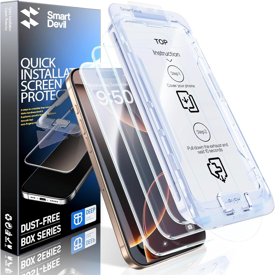 SMARTDEVIL 3 Pack for iPhone 16 Pro Max Screen Protector, 9H Hardness Military Grade Shatterproof, HD Clear Tempered Glass with Auto Dust-Elimination, Bubble Free, Easy Installation, Case Friendly
