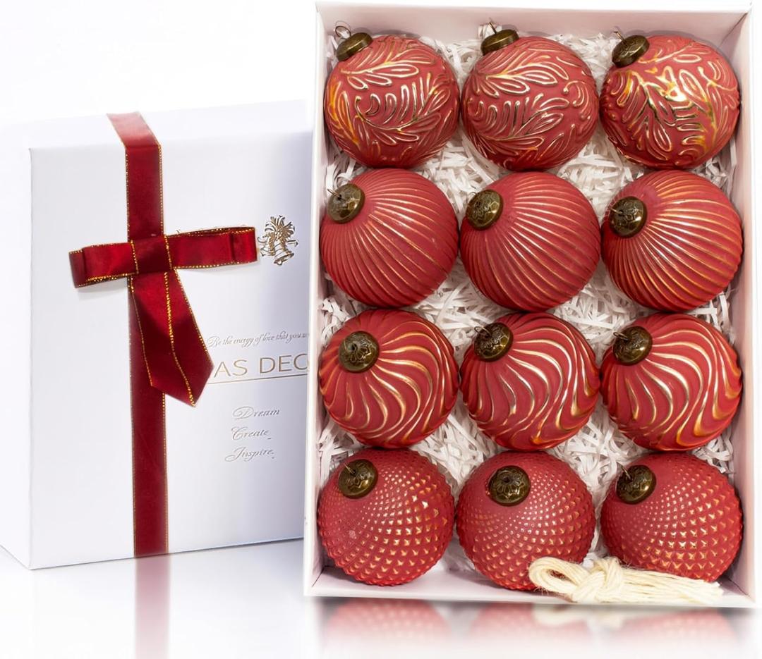 12PCS Red Christmas Ball Ornaments, Rustic Christmas Tree Decorations, 3.15" Vintage Farmhouse Hanging Ornaments for Christmas, Parties, Weddings and Home Decor (Red)