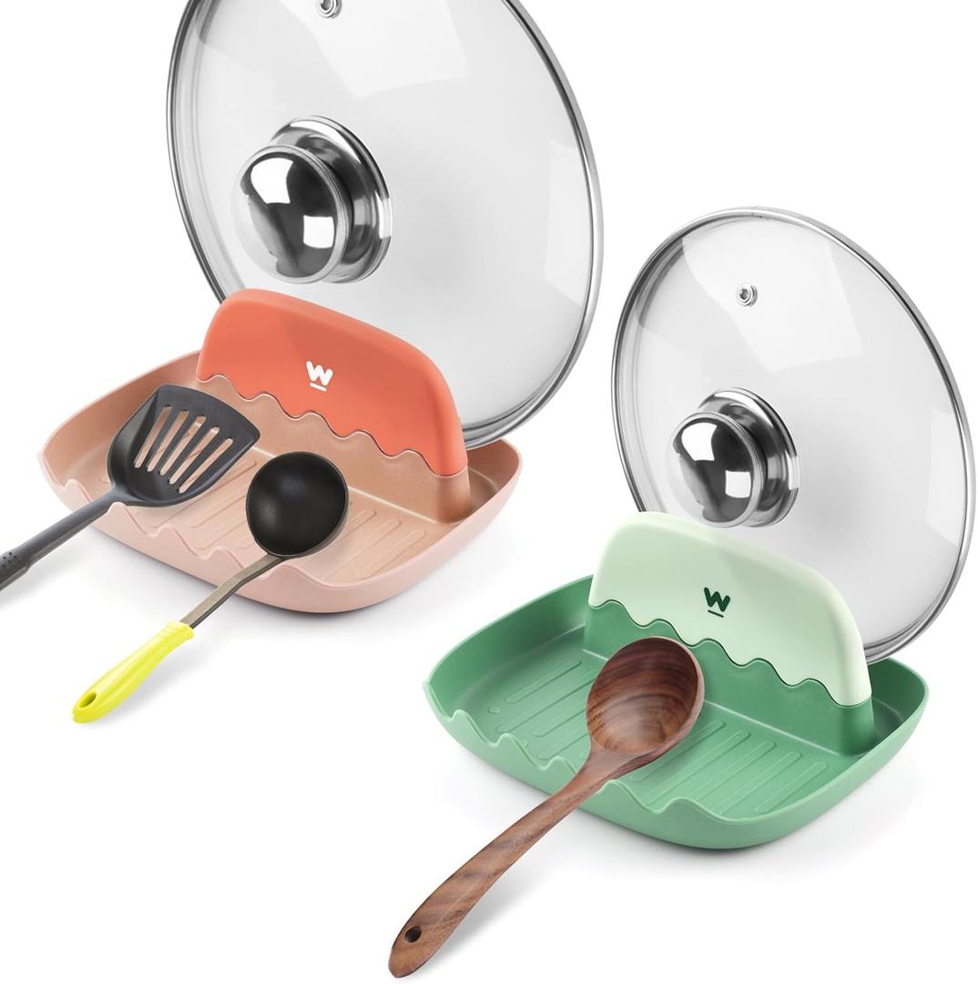 Spoon and Lid Rest - 2 Packs Spoon Rest with Lid Holder, Neat & Drip-Free Spoon Rest for Countertop Stove Top, Heat-Resistant Utensil Rest for Spoons, Pot Lids, Spatulas, Utensils, Forks (pink and green)