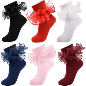 Women Big Ruffle Ankle Socks,Adult Double Lace Turn Cuff Cotton Frilly Dress Socks Cute Bobby Sock (9-11, 6 Pairs - Black,white,red,pink,burgundy,navy Blue)