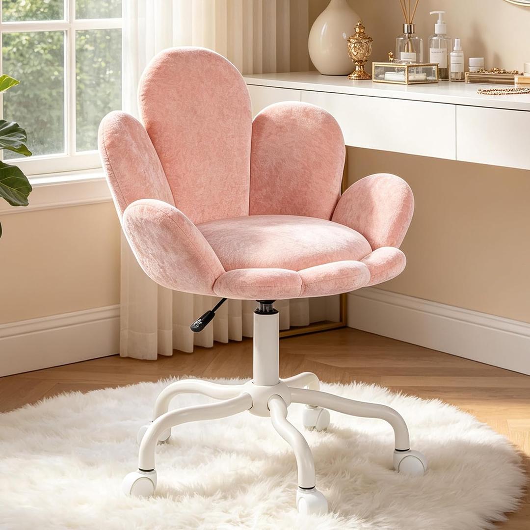 Petal Vanity Chair with Wheels, 4" Extra Thick Comfy Makeup Chair, Adjustable Swivel Armless Desk Chair for Girls Women, Aesthetic Small Office Chair for Bedroom Dorm,Pink