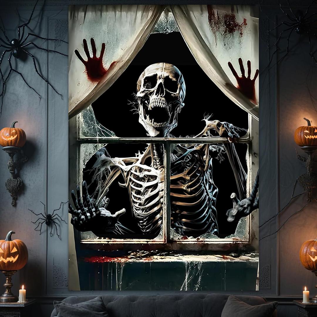 2 x Halloween Skeleton Scary Curtain Window Banner, Halloween Ghost Window Silhouette Door Cover Horror Poster Spooky Backdrop for Indoor Outdoor Wall Garage Living Room Party Decor Props