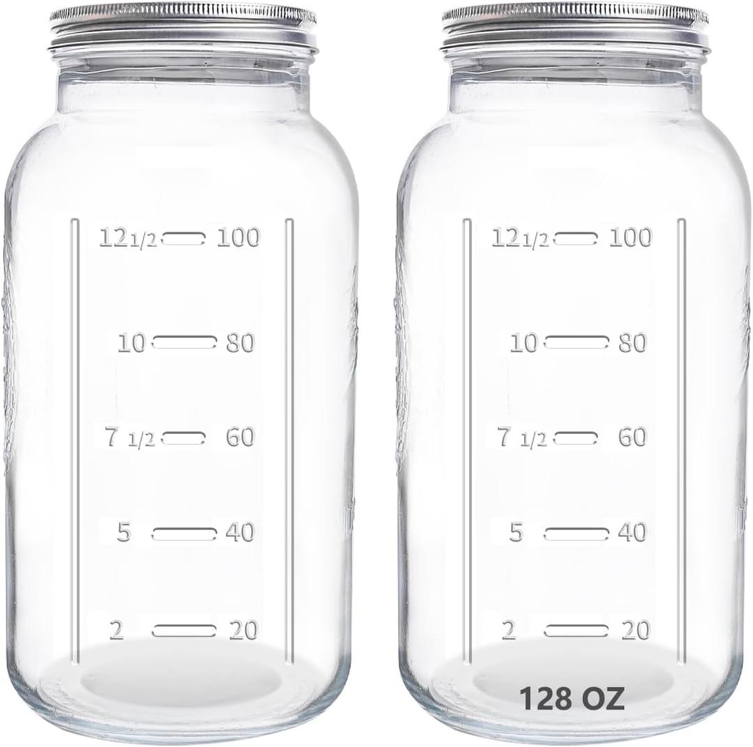 eleganttime 128 oz Mason Jars Extra Wide Mouth 2 Pack, 1 Gallon Glass Large Jars with Airtight Lid, Safe for Food Storage,Curing, Fermentation and Preservation(Not standard wide mouth)