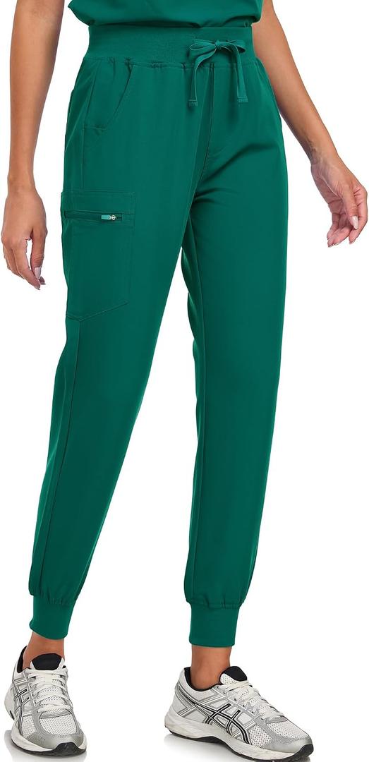 VECARDI Womens Scrub Jogger Pants High Waisted 4 Way Stretch Zipper Pocket (Green, L)