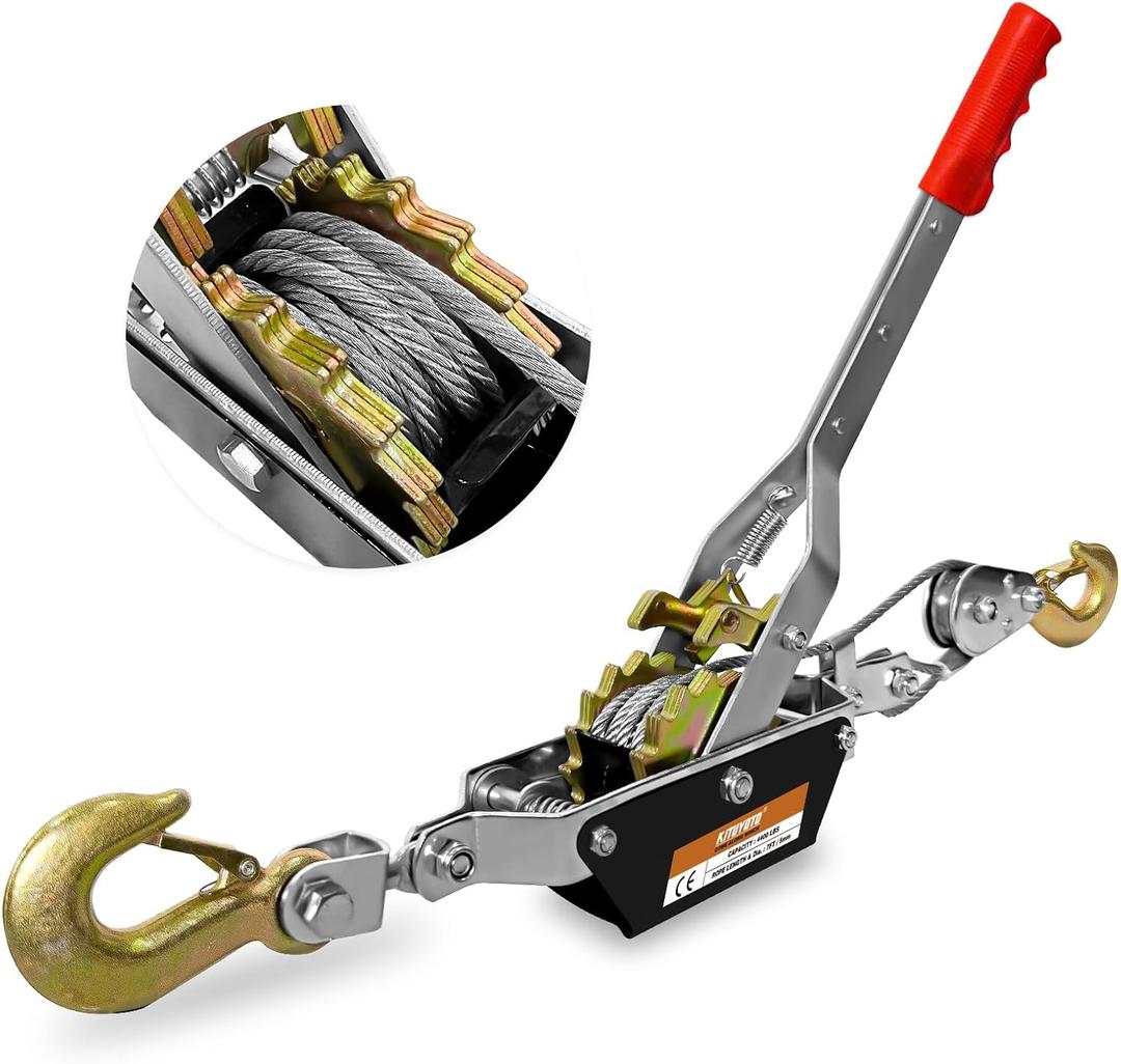 Come Along Winch Tool 2T, 10FT 2 Gear Come Along Power Ratchet Puller Tool with Cable 2 Hooks, Cable Winch Puller for Construction, Moving, Securing, Automotive