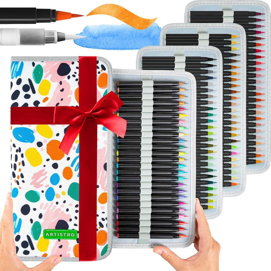 ARTISTRO 100 Watercolor Markers Teacher Appreciation Gifts  Brush Pens, Fineliner, Water Brush, Portable Bag  Vibrant, Washable, Non-Toxic  Ideal Gift for Women for Coloring, Calligraphy & Art