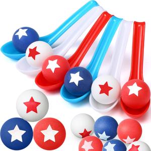 24 Pack 4th of July Spoon Relay Race Toy Set for Boys Girls, Patriotic Star Ball and Spoon Race Game for Independence Day Memorial Day Indoor Outdoor Party Game Supplies (Red, Blue, White)