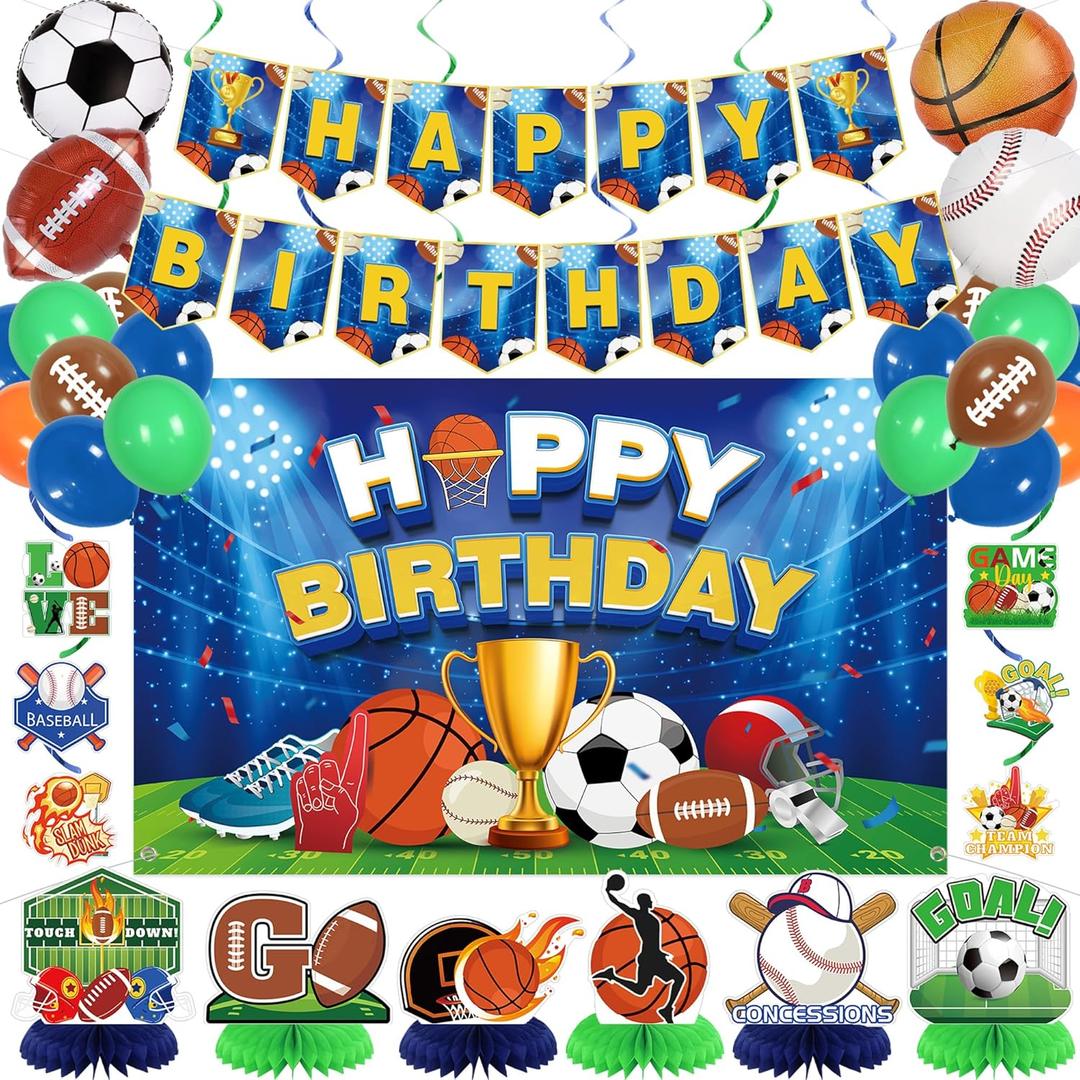Vlipoeasn Sports Birthday Party Decorations, 40Pcs Sports Theme Backdrop Banner and Balloons Kit, Basketball Football Baseball Soccer Honeycomb Cake Topper for Birthday Party for Boys and Girls