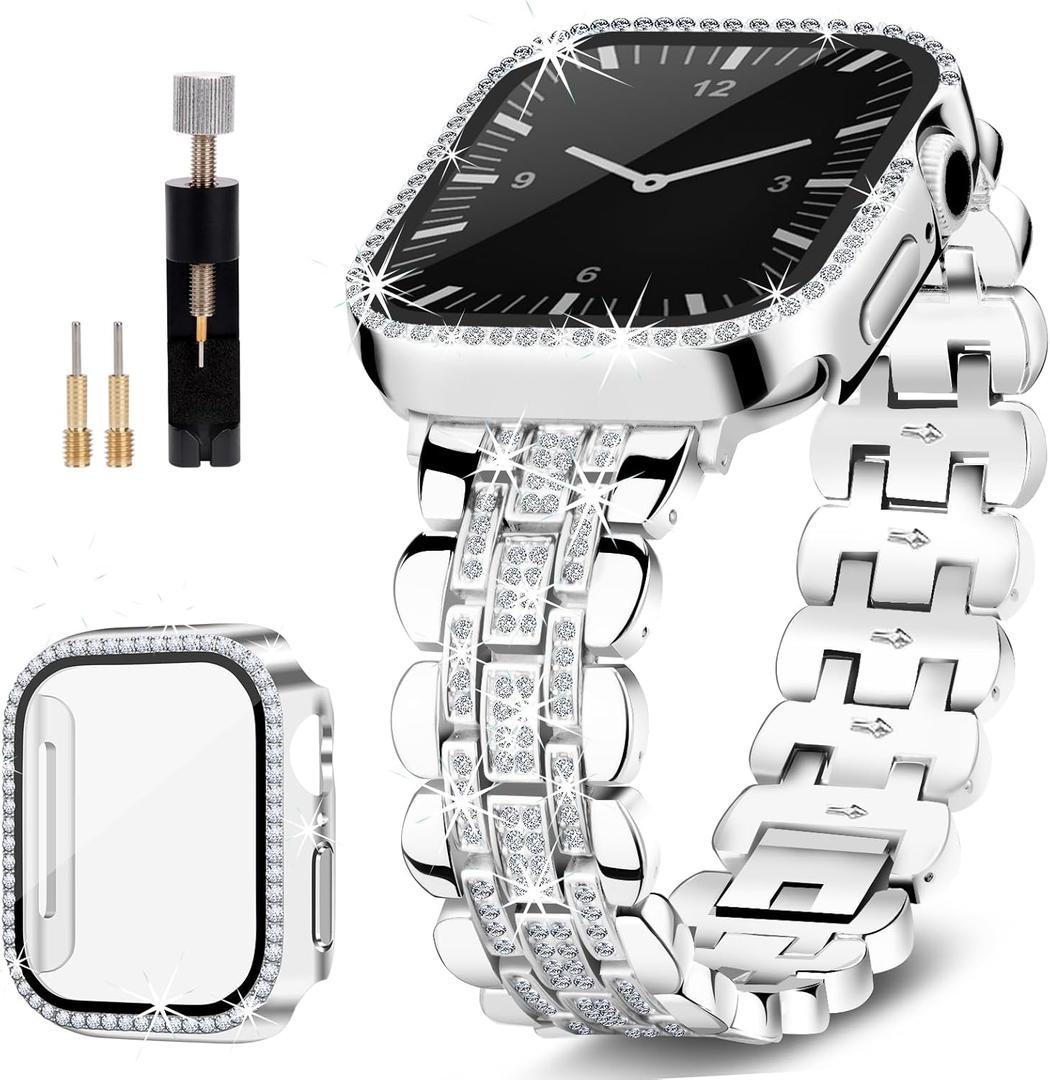 Bling Strap Compatible with Apple Watch Band 46mm for Women, Diamond Jewelry Replacement with Crystal Protector Case for Apple Watch Bands Series 10, Silver Metal Shiny Bracelet for iWatch Girl