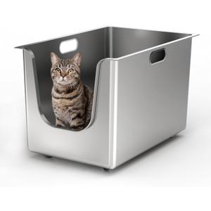 Stainless Steel Litter Box 13.7'' High Sides, XL Metal Cat Litter Box with Curved Low Entry, Cat Litter Pan for Big & Multiple Cats, Pet Toliet with Handy Wheels for Easy Moving
