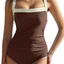 QINSEN Women's Square Neck One Piece Swimsuit Side Ruched Tummy Control Adjustable Straps Bathing Suit, Brown, M