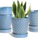Plant Pots, 5 Inch Pots for Indoor Plants, Planters with Drainage Hole and Saucer, Ceramic Flower Pots Desktop Office Windowsill Decoration Gift Set of 4 - Sky Blue