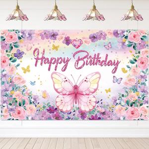 Butterfly Birthday Banner Backdrop Pink Purple Happy Birthday Girl Baby Shower Fairy Spring Party Background Butterfly Decorations 5.9 x 3.6ft