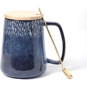 Large Ceramics Coffee Mugs,24 OZ,with Spoon and Wooden Lid,for Coffee,Tea,Large Handle Design,Microwave and Dishwasher Safe(Color:24 oz star blue set)