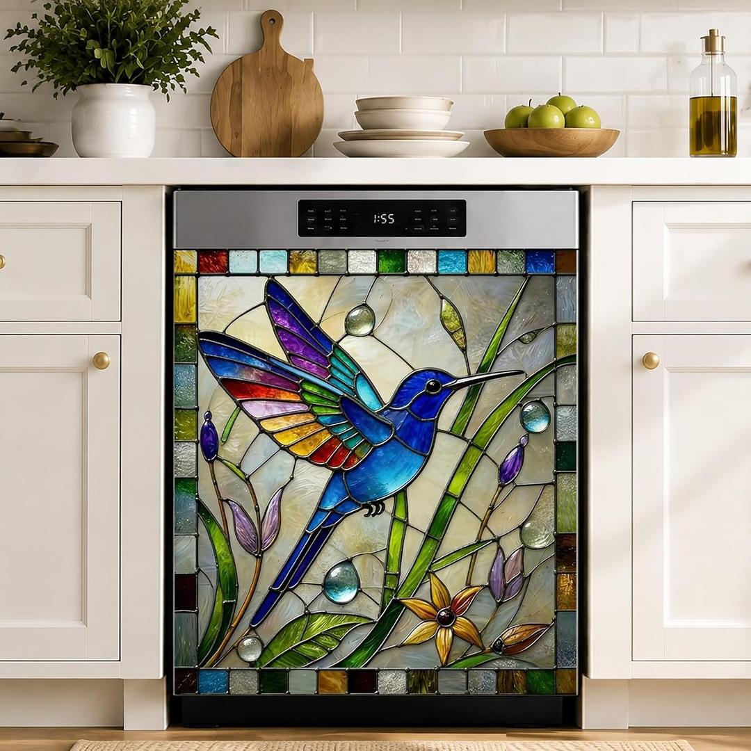 Dishwasher Magnet Cover 23 x 25.5 Inch, Stained Glass Hummingbird Dishwasher Magnetic Cover, PVC Dishwasher Decorative Magnet for Kitchen Decor