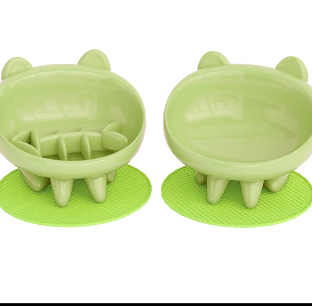 Cat Bowl, Raised Slow Feeder, Inclined Anti-Vomiting Cat Bowl with Non-Slip Mat, Moustache Friendly, Cat Food Dish (Green)