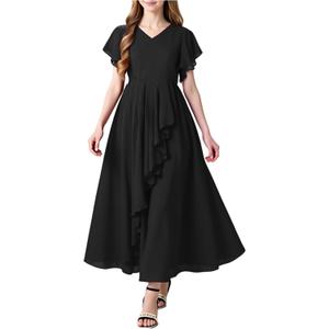 Girl's Ruffle Sleeve V-Neck Chiffon Flared Hemline Midi Dress Kids Formal Party Wedding Guest Bridesmaid Gown, 9-10 Years, Black