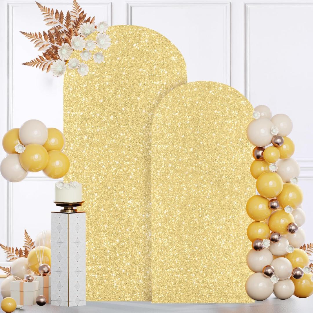 MODFUNS Gold Sequin Arch Cover Set of 2 Spandex Arch Cover 7.2&6ft Sparkly Wedding Arch Cover Fitted Wedding Arch Stand Covers Round Top Arch Covers Stretchy Backdrop for Birthday Party Reception