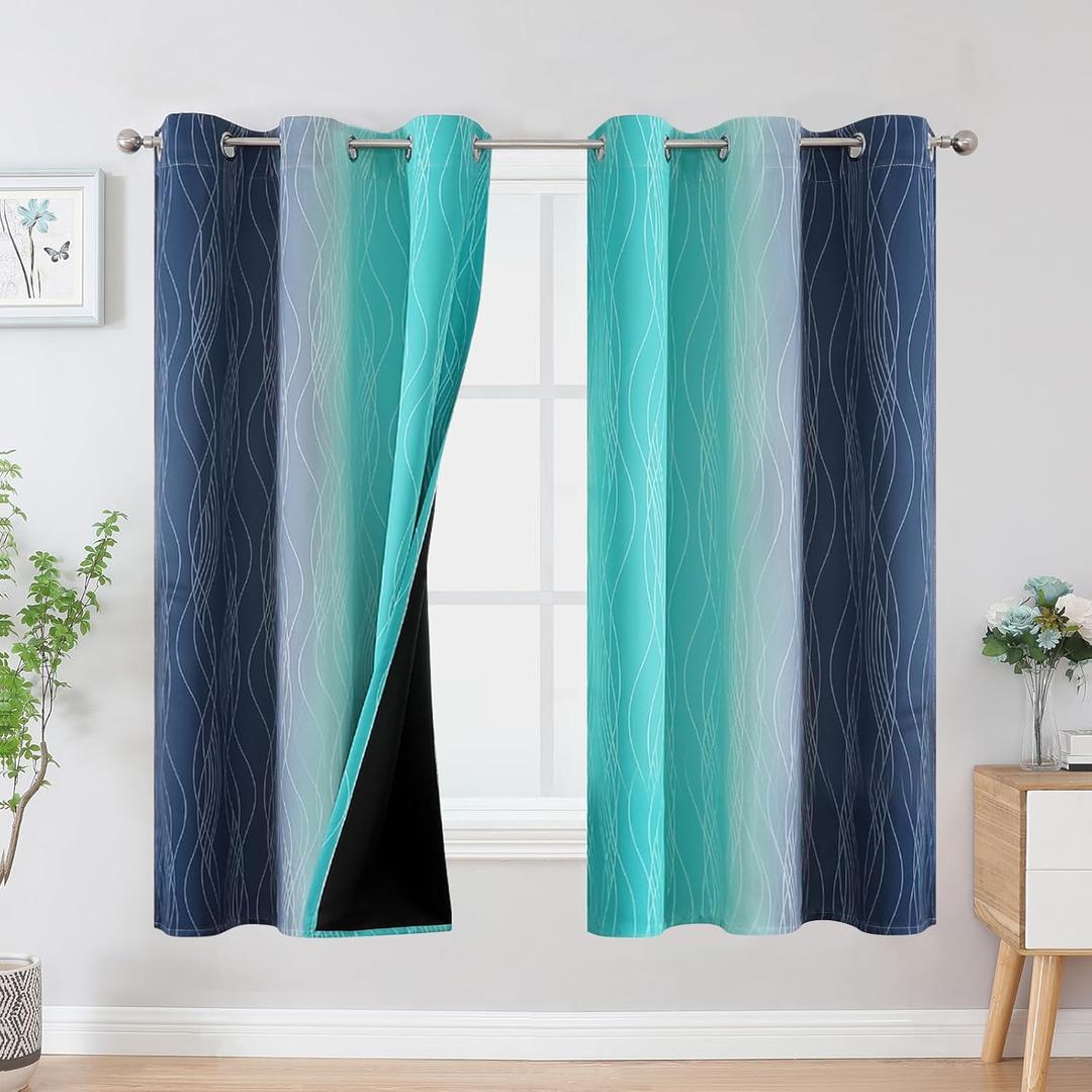Estelar Textiler Teal and Navy Blue Blackout Curtains for Boys Bedroom, Full Room Darkening Grommet Ombre Curtains for Living Room, Thermal Insulated Light Blocking Gradient Drapes, 42Wx63L, 2 Panels Estelar Textiler Teal and Navy Blue Blackout Curtains for Boys Bedroom, Full Room Darkening Grommet Ombre Curtains for Living Room, Thermal Insulated Light Blocking Gradient Drapes, 42Wx63L, 2 Panels