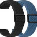 2 Pack Quick Release Braided Bands - 18mm 19mm 20mm 22mm 24mm Solo Loop Adjustable Soft Band for Women Men (Black+Cold Sea Blue)