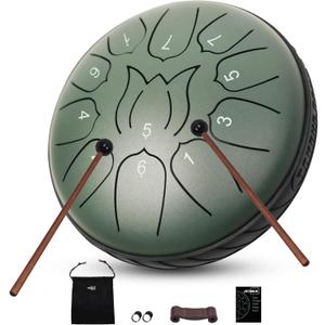 Steel Tongue Drum 11 Notes 6 Inches Rain Drum for Outside with Bag, Music Book, Drum Mallets, Mallet Holder, Finger Picks, Steel Drum for Yoga, Meditation, Prenatal Education (Green)