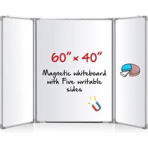 60 x 40 Foldable Whiteboard Dry Erase Board Large Tri Folding Whiteboard Magnetic Dry Erase Board, Wall Aluminum Frame and Flip Out Pen Tray for Office, Home